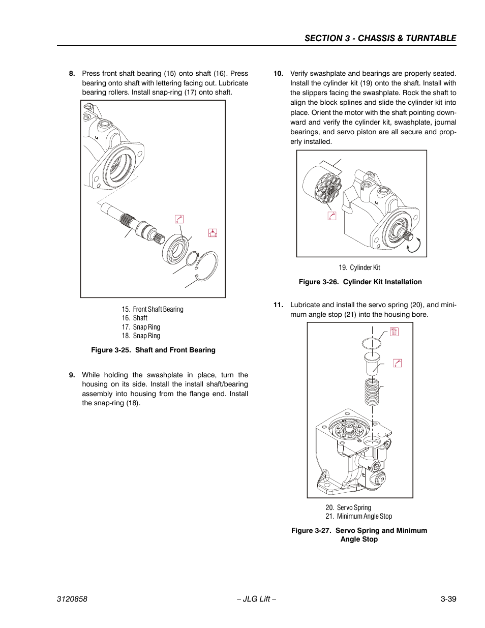 Shaft and front bearing -39, Cylinder kit installation -39, Servo spring and minimum angle stop -39 | JLG 800A_AJ Service Manual User Manual | Page 95 / 466