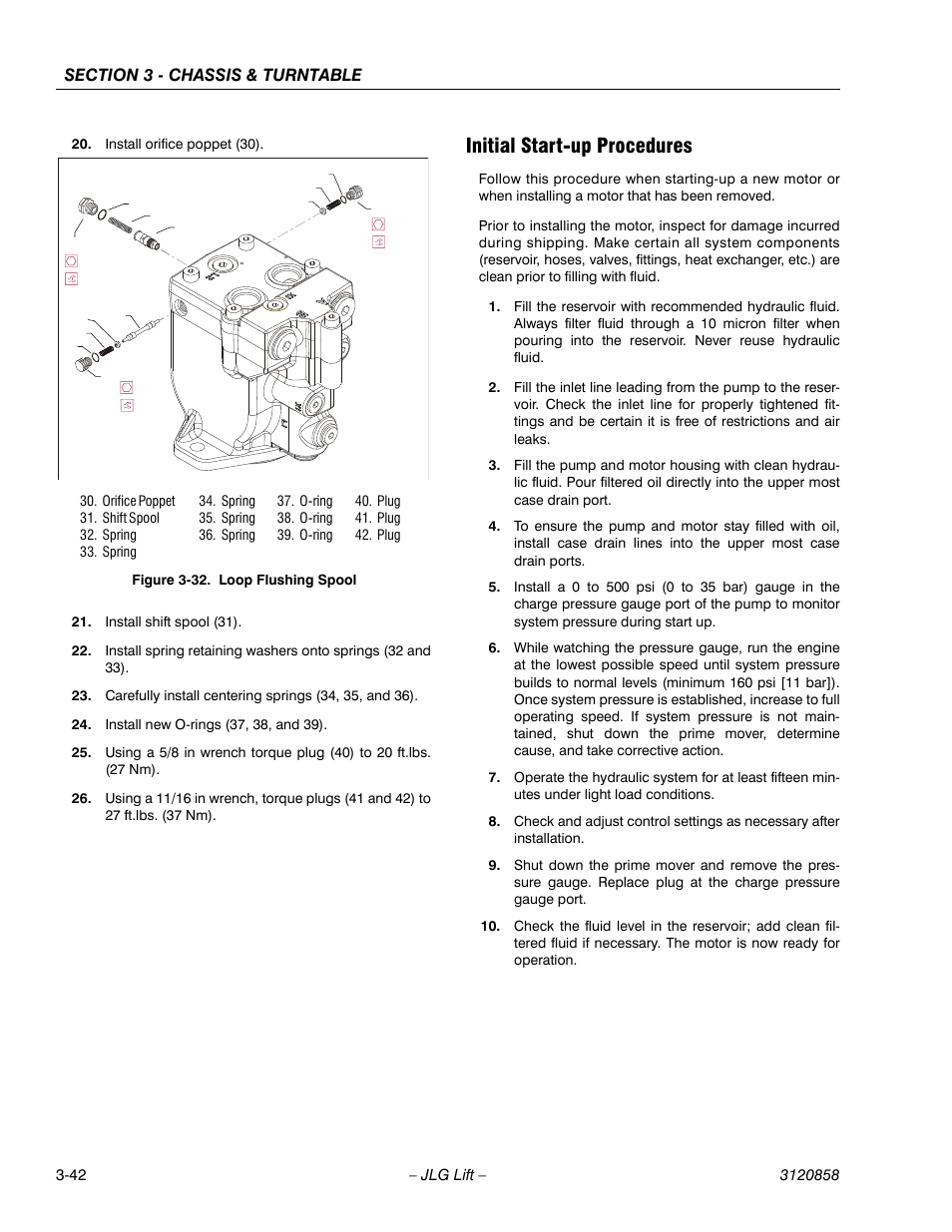 Initial start-up procedures, Initial start-up procedures -42, Loop flushing spool -42 | JLG 800A_AJ Service Manual User Manual | Page 98 / 466