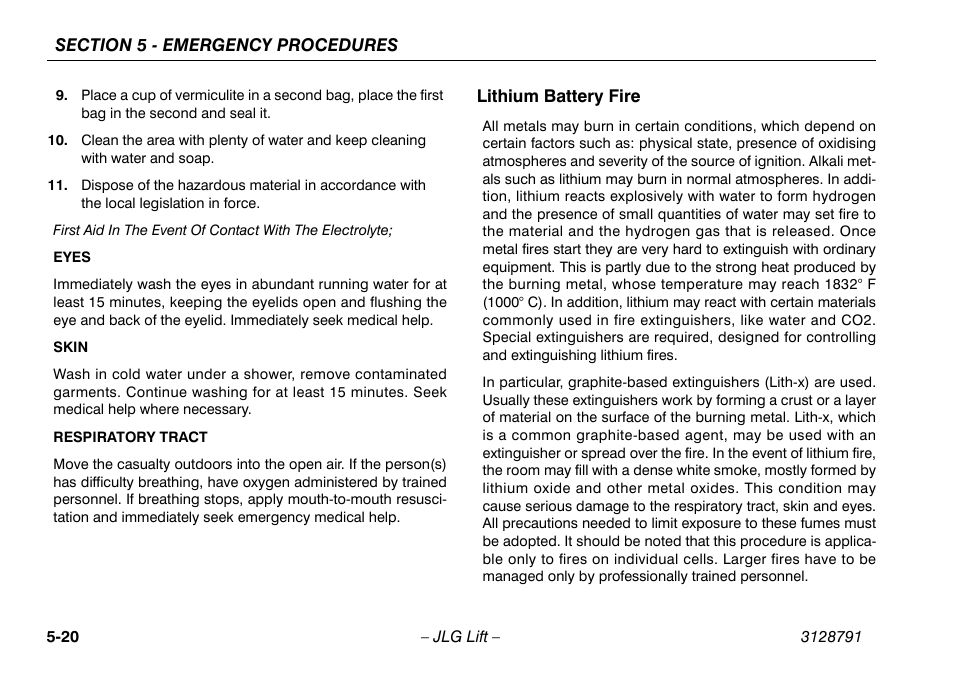 Lithium battery fire, Lithium battery fire -20 | JLG X550AJ Operator Manual User Manual | Page 100 / 136