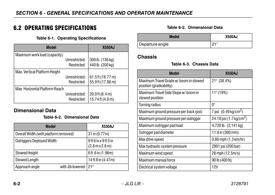 2 operating specifications, Dimensional data, Chassis | 2 operating specifications -2, Dimensional data -2 chassis -2, Operating specifications -2, Dimensional data -2, Chassis data -2 | JLG X550AJ Operator Manual User Manual | Page 104 / 136