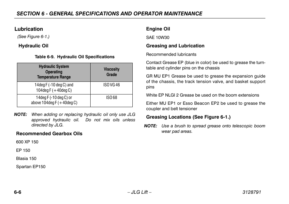Lubrication, Lubrication -6, Hydraulic oil specifications -6 | JLG X550AJ Operator Manual User Manual | Page 108 / 136