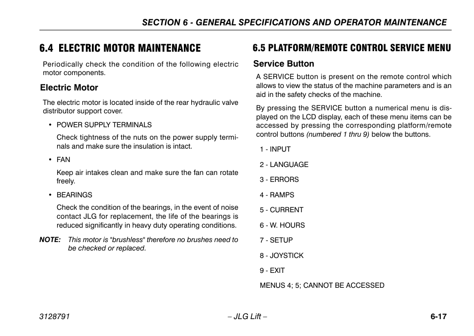 4 electric motor maintenance, Electric motor, 5 platform/remote control service menu | Service button, 4 electric motor maintenance -17, Electric motor -17, 5 platform/remote control, Service menu -17, Service button -17 | JLG X550AJ Operator Manual User Manual | Page 119 / 136