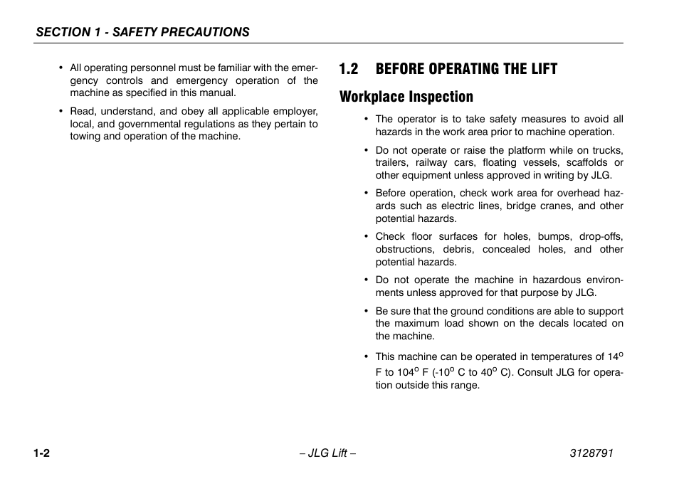2 before operating the lift, Workplace inspection, 2 before operating the lift -2 | Workplace inspection -2, 2 before operating the lift workplace inspection | JLG X550AJ Operator Manual User Manual | Page 12 / 136