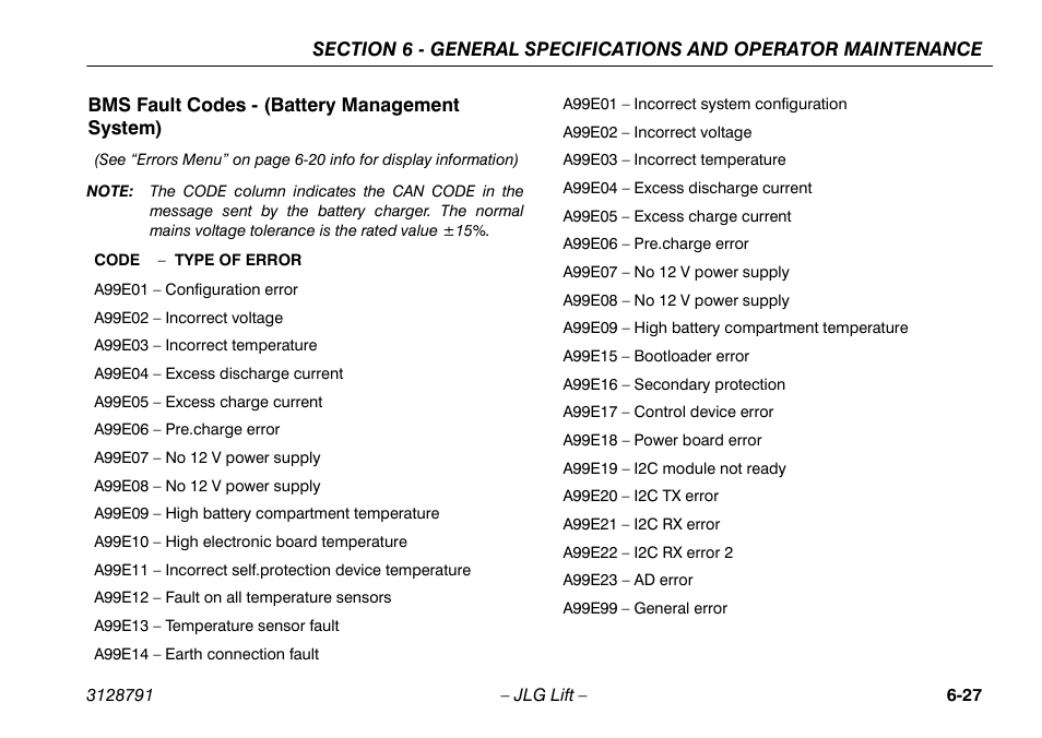 Bms fault codes - (battery management system), Bms fault codes - (battery management system) -27 | JLG X550AJ Operator Manual User Manual | Page 129 / 136