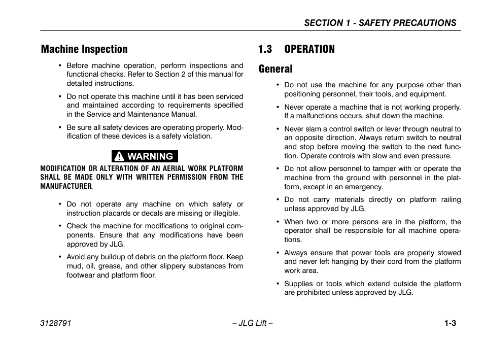 Machine inspection, 3 operation, General | Machine inspection -3, 3 operation -3, General -3, 3 operation general | JLG X550AJ Operator Manual User Manual | Page 13 / 136