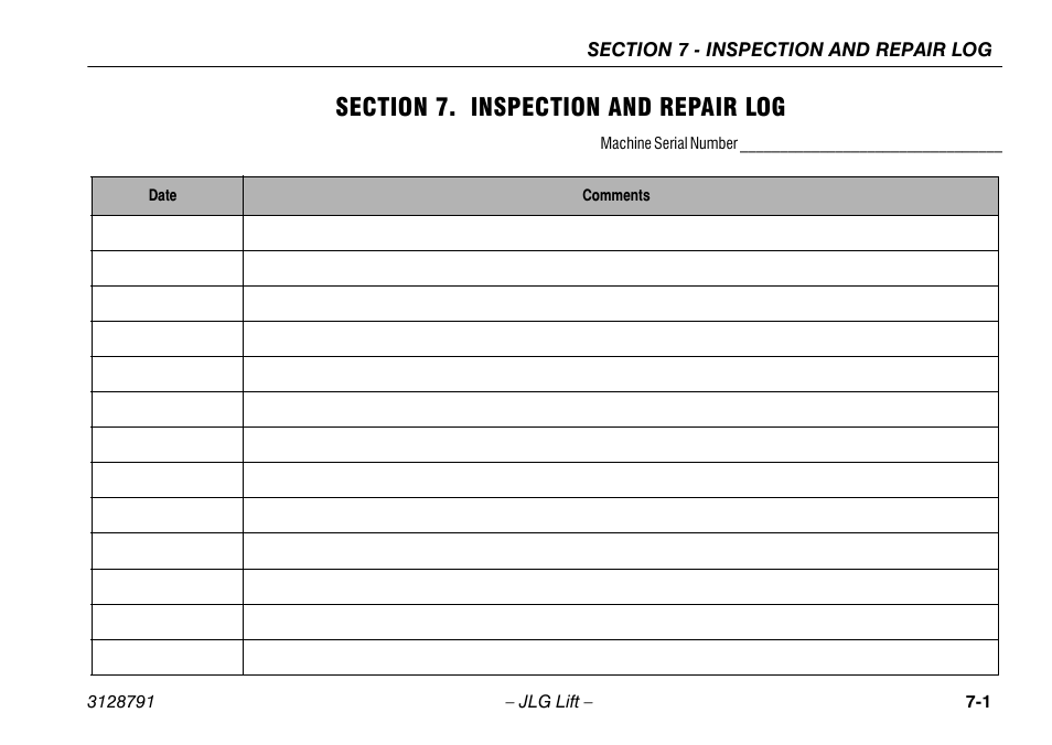 Section 7. inspection and repair log, Section - 7 - inspection and repair log | JLG X550AJ Operator Manual User Manual | Page 133 / 136