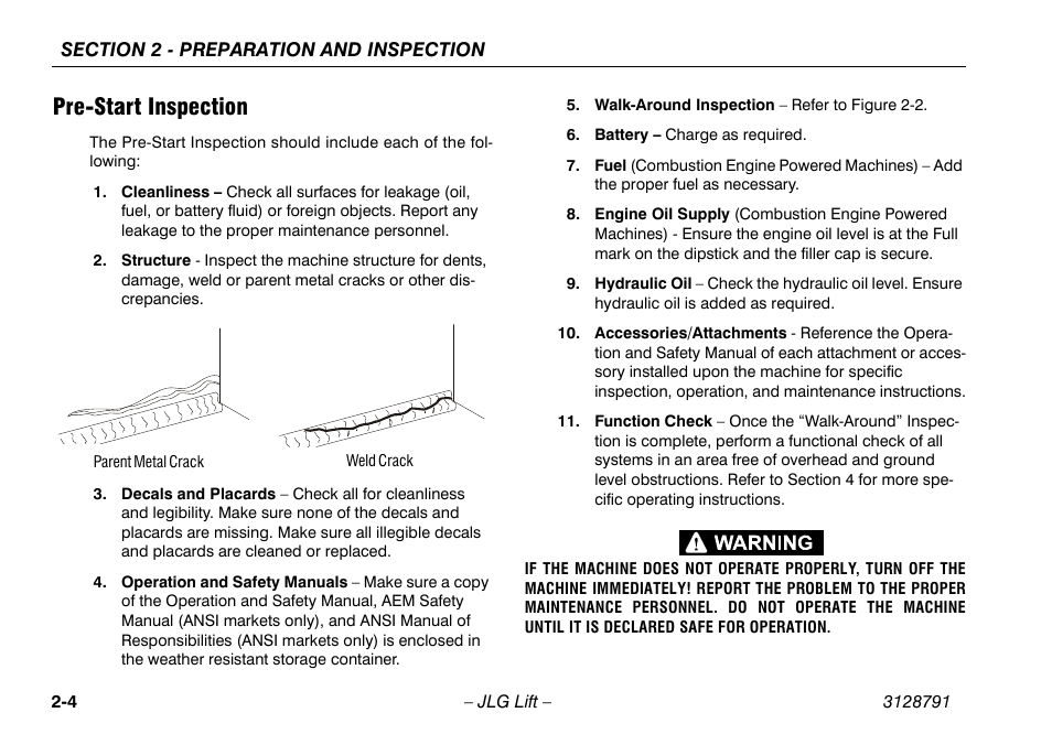Pre-start inspection, Pre-start inspection -4 | JLG X550AJ Operator Manual User Manual | Page 24 / 136