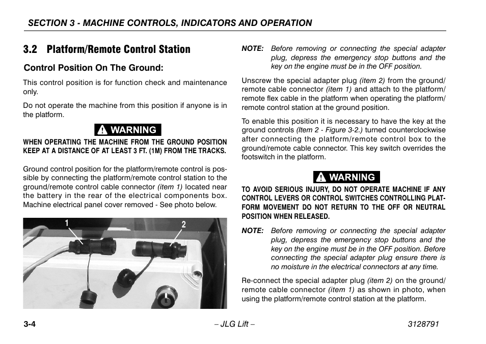 2 platform/remote control station, Control position on the ground, 2 platform/remote control station -4 | Control position on the ground: -4 | JLG X550AJ Operator Manual User Manual | Page 34 / 136