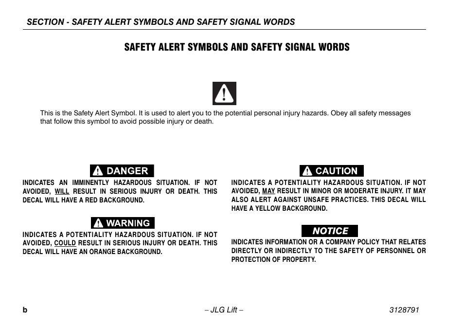 Safety alert symbols and safety signal words | JLG X550AJ Operator Manual User Manual | Page 4 / 136