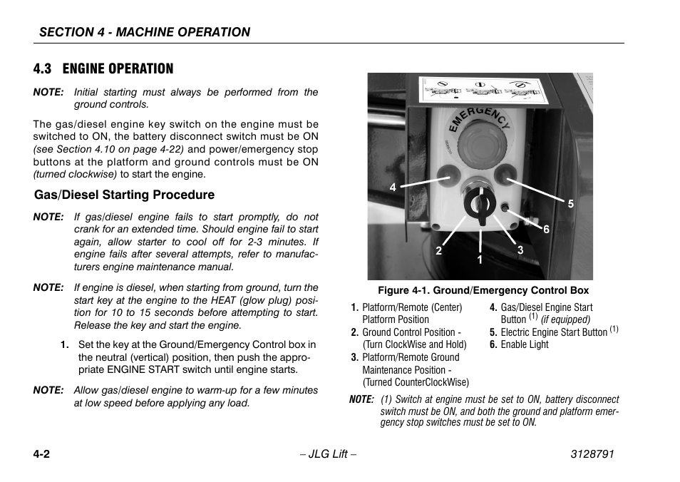 3 engine operation, Gas/diesel starting procedure, 3 engine operation -2 | Gas/diesel starting procedure -2, Ground/emergency control box -2 | JLG X550AJ Operator Manual User Manual | Page 46 / 136