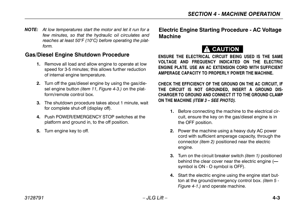 Gas/diesel engine shutdown procedure | JLG X550AJ Operator Manual User Manual | Page 47 / 136