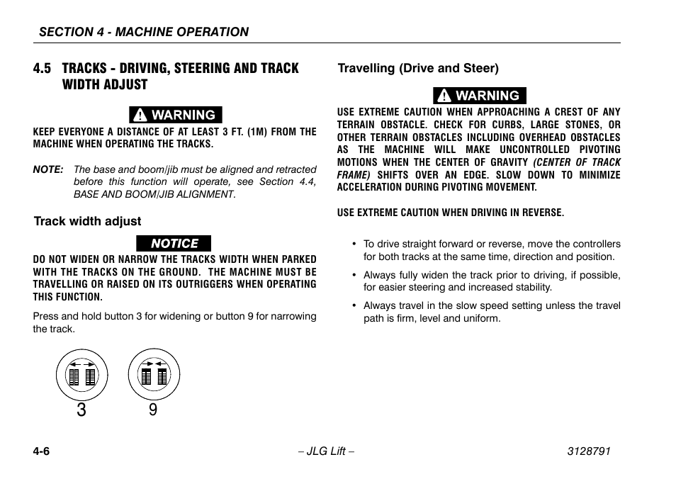 Track width adjust, Travelling (drive and steer), 5 tracks - driving, steering and | Track width adjust -6 | JLG X550AJ Operator Manual User Manual | Page 50 / 136
