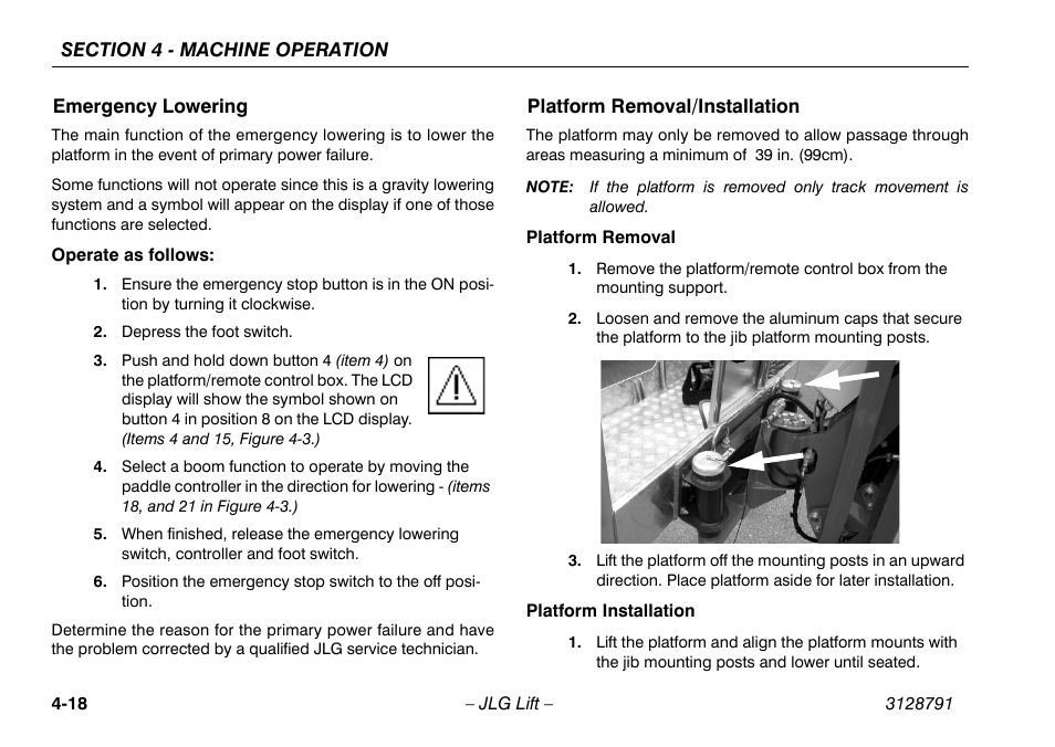 Emergency lowering, Platform removal/installation | JLG X550AJ Operator Manual User Manual | Page 62 / 136