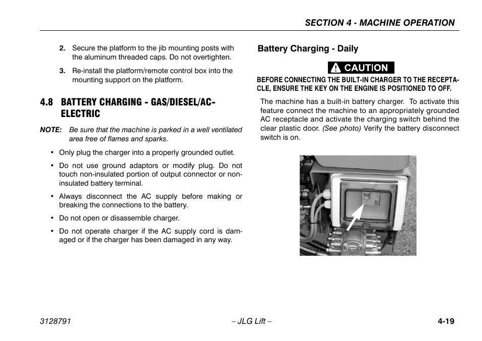 8 battery charging - gas/diesel/ac- electric, Battery charging - daily, 8 battery charging | Gas/diesel/ac-electric -19, Battery charging - daily -19 | JLG X550AJ Operator Manual User Manual | Page 63 / 136