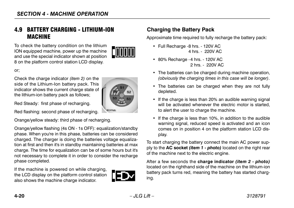 9 battery charging - lithium-ion machine, Charging the battery pack, 9 battery charging - lithium-ion machine .4-20 | Charging the battery pack -20 | JLG X550AJ Operator Manual User Manual | Page 64 / 136