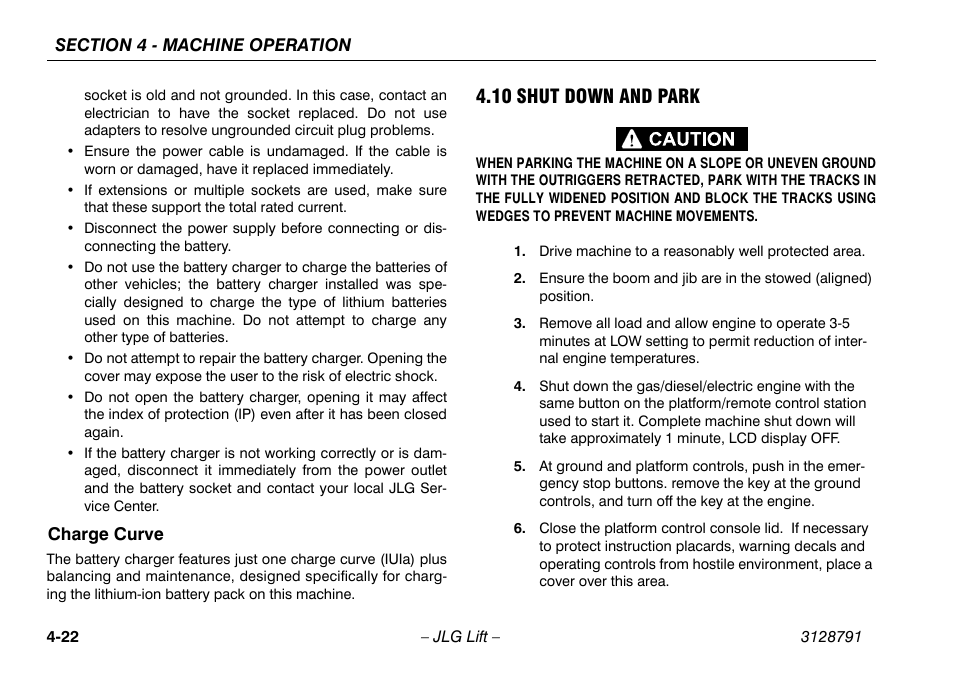 Charge curve, 10 shut down and park, Charge curve -22 | 10 shut down and park -22 | JLG X550AJ Operator Manual User Manual | Page 66 / 136
