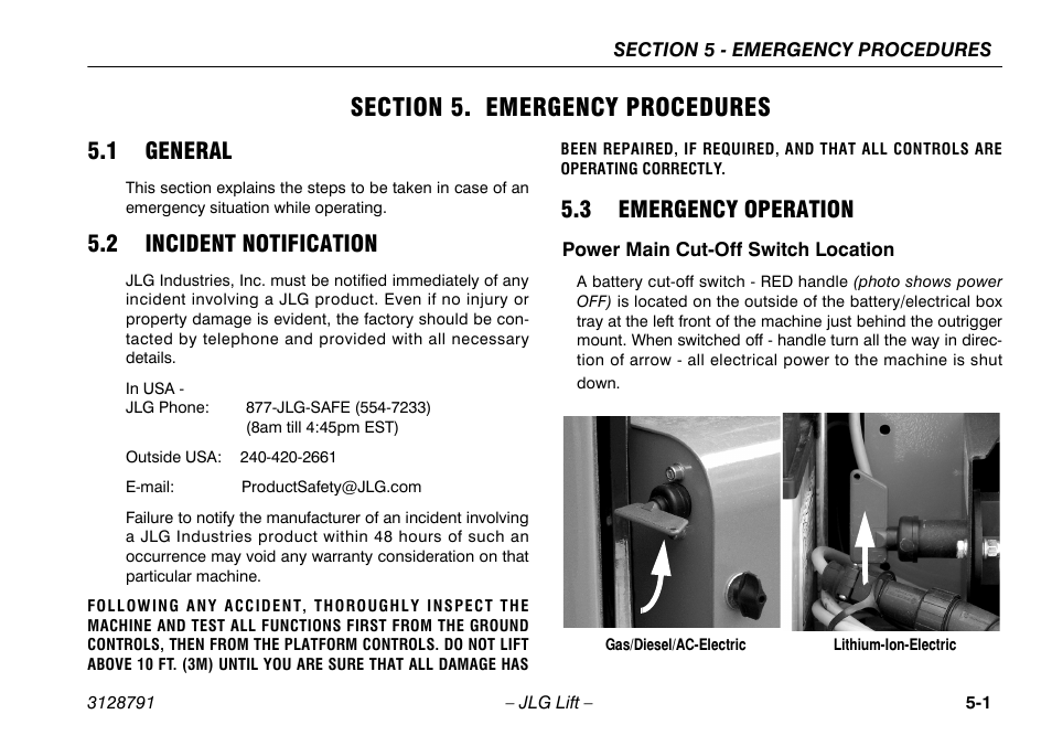 Section 5. emergency procedures, 1 general, 2 incident notification | 3 emergency operation, Power main cut-off switch location, Section - 5 - emergency procedures, Power main cut-off switch location -1 | JLG X550AJ Operator Manual User Manual | Page 81 / 136