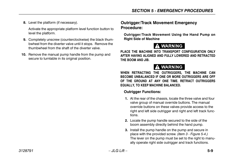 Outrigger/track movement emergency procedure, Outrigger/track movement emergency procedure -9 | JLG X550AJ Operator Manual User Manual | Page 89 / 136