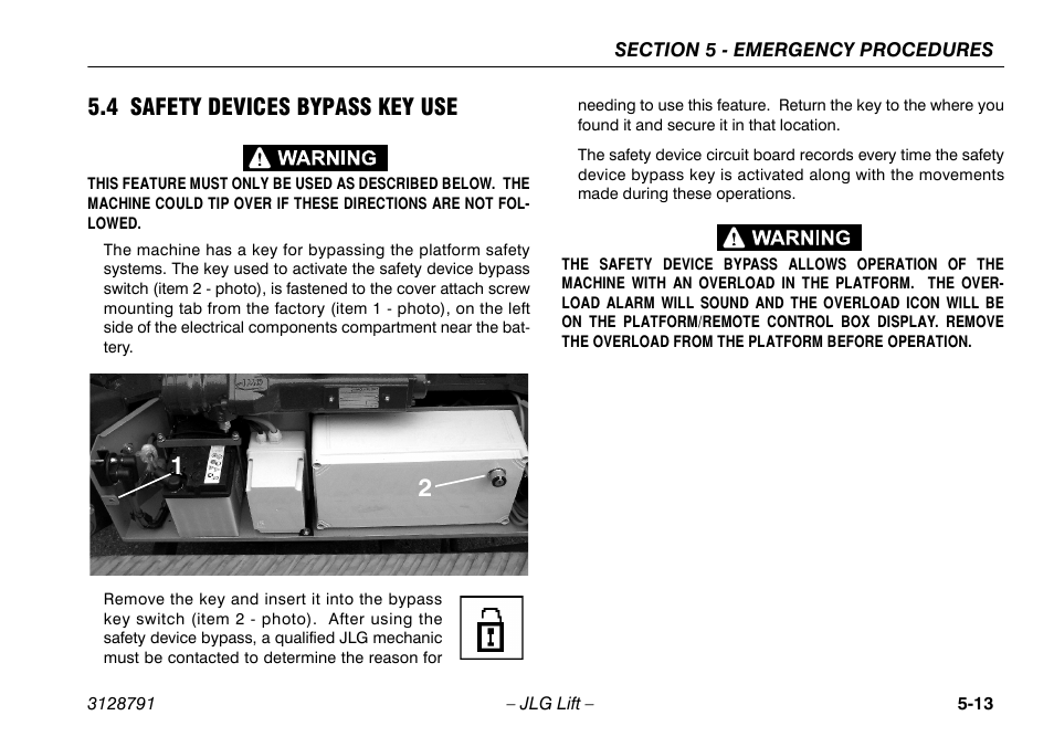 4 safety devices bypass key use, 4 safety devices bypass key use -13 | JLG X550AJ Operator Manual User Manual | Page 93 / 136
