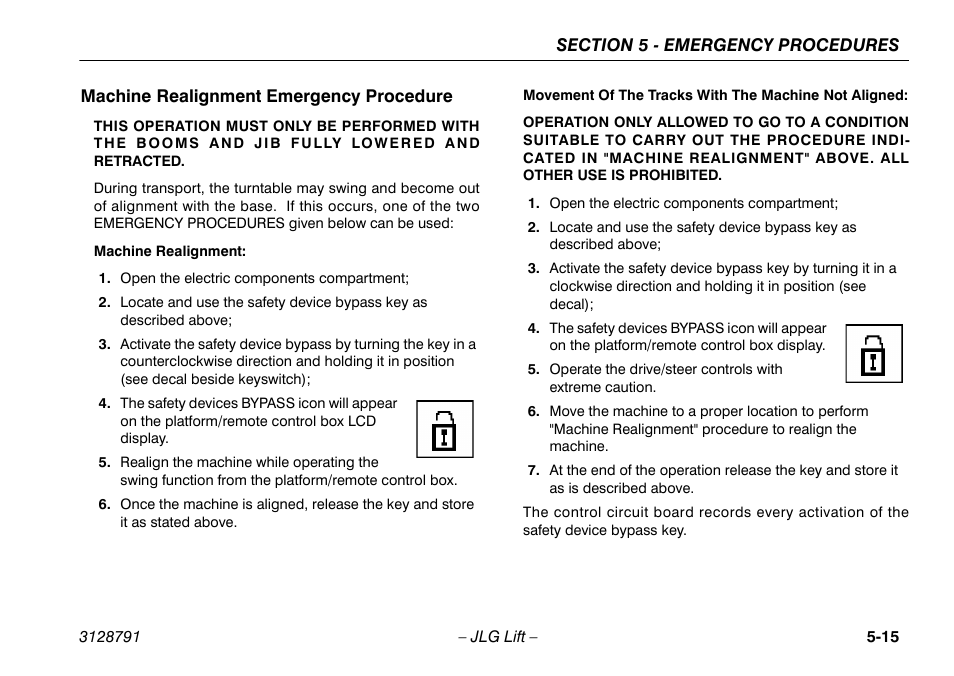 Machine realignment emergency procedure, Machine realignment emergency procedure -15 | JLG X550AJ Operator Manual User Manual | Page 95 / 136