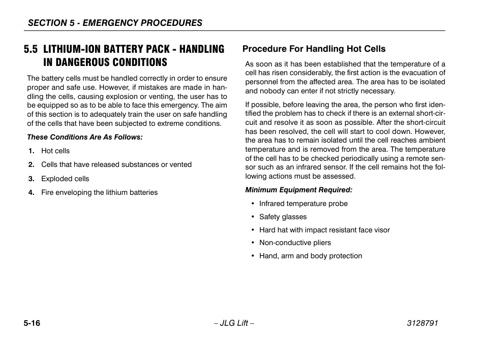 Procedure for handling hot cells, 5 lithium-ion battery pack, Handling in dangerous conditions -16 | Procedure for handling hot cells -16 | JLG X550AJ Operator Manual User Manual | Page 96 / 136