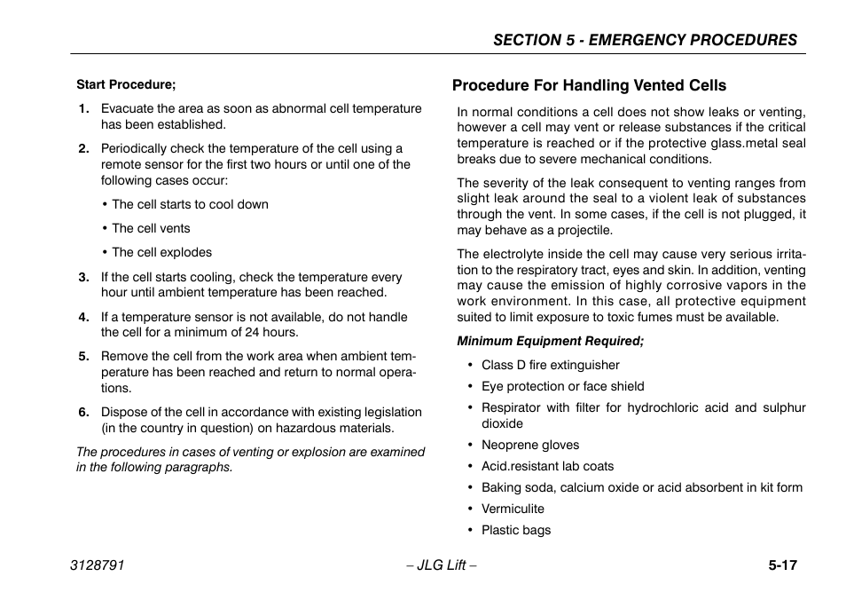 Procedure for handling vented cells, Procedure for handling vented cells -17 | JLG X550AJ Operator Manual User Manual | Page 97 / 136