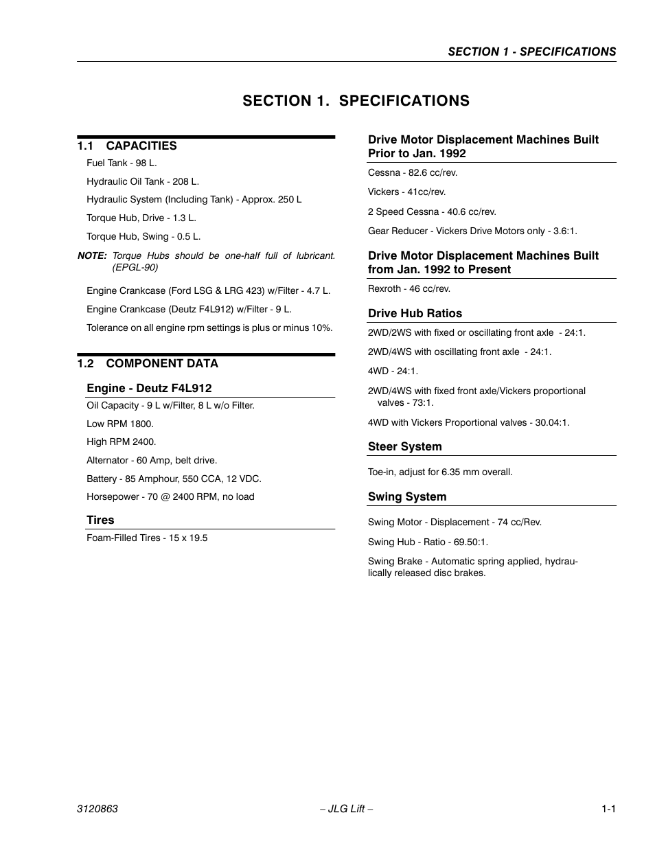 Section 1. specifications, 1 capacities, 2 component data | Section 1 - specifications, Capacities -1, Component data -1 | JLG 80HX_HX+6_HXER Service Manual User Manual | Page 11 / 120