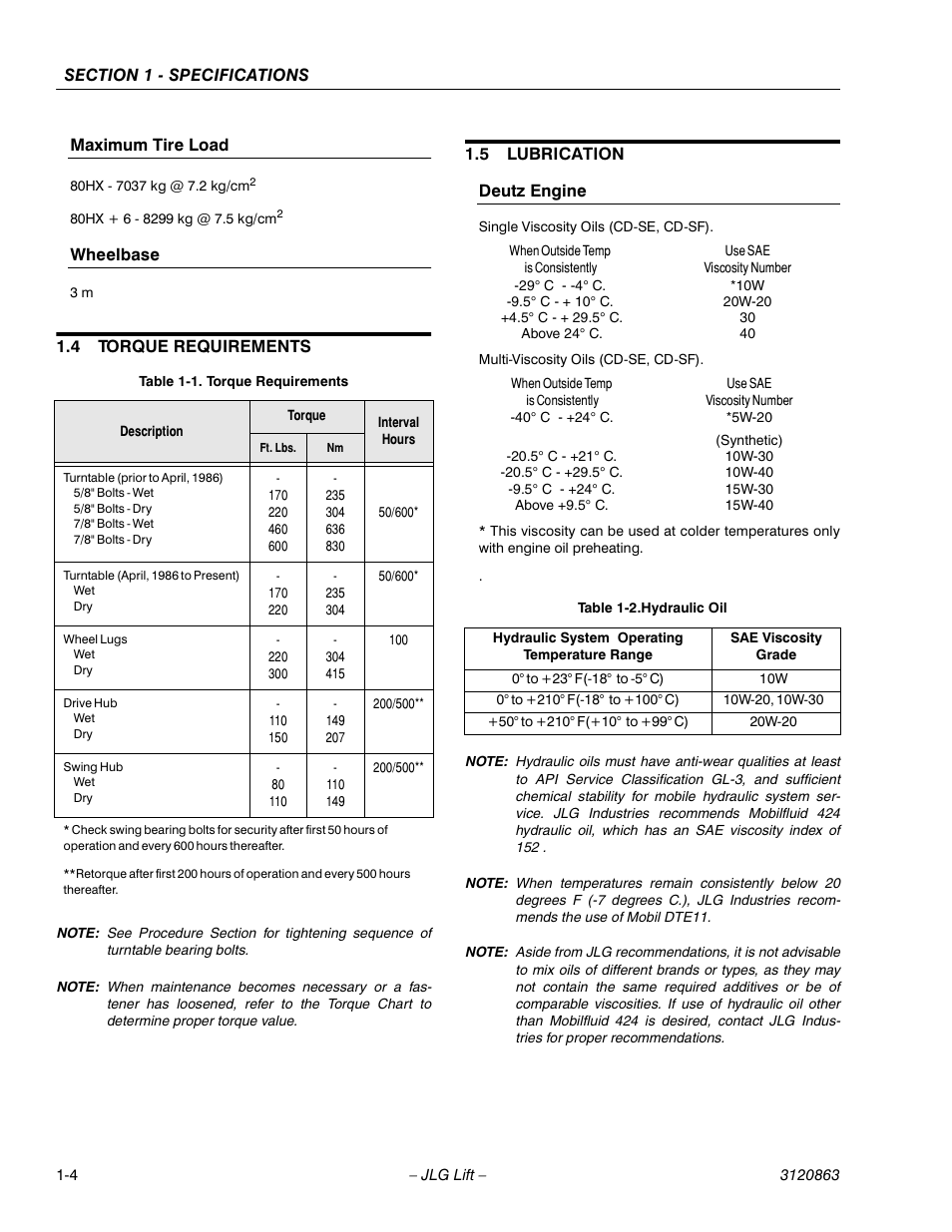 4 torque requirements, 5 lubrication, Maximum tire load -4 wheelbase -4 | Torque requirements -4, Lubrication -4, Deutz engine -4, Hydraulic oil -4 | JLG 80HX_HX+6_HXER Service Manual User Manual | Page 14 / 120