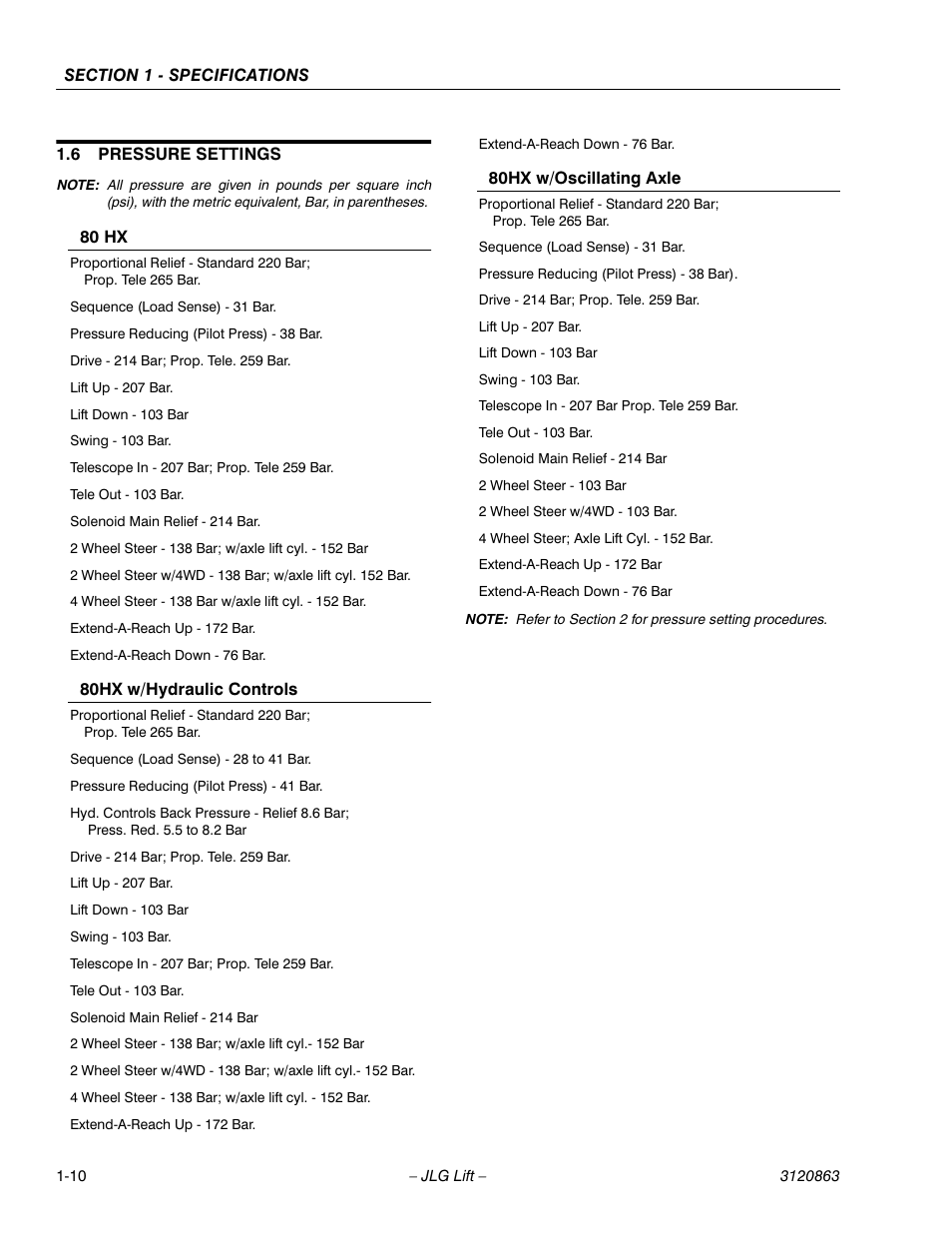 6 pressure settings, Pressure settings -10 | JLG 80HX_HX+6_HXER Service Manual User Manual | Page 20 / 120