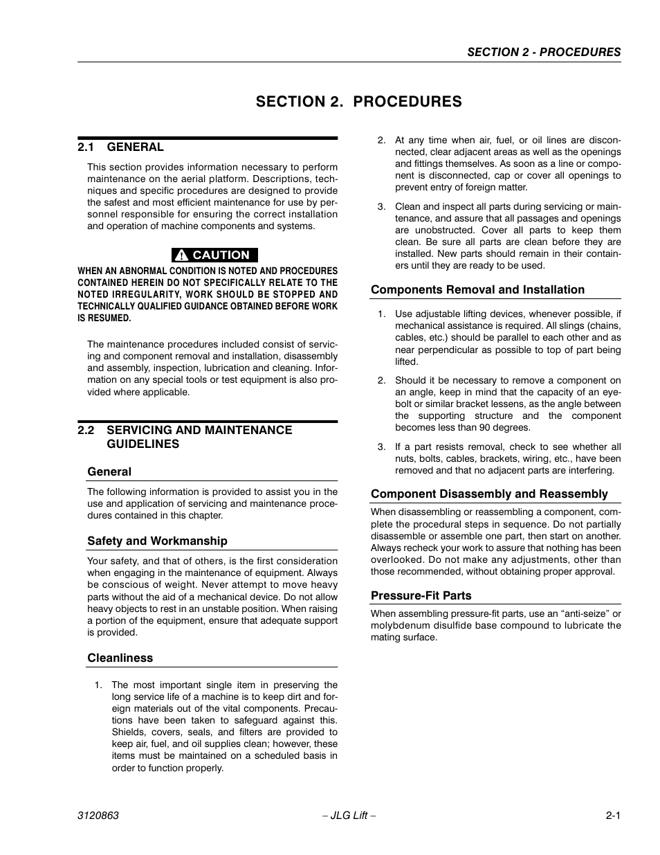 Section 2. procedures, 1 general, 2 servicing and maintenance guidelines | Section 2 - procedures, General -1, Servicing and maintenance guidelines -1 | JLG 80HX_HX+6_HXER Service Manual User Manual | Page 23 / 120