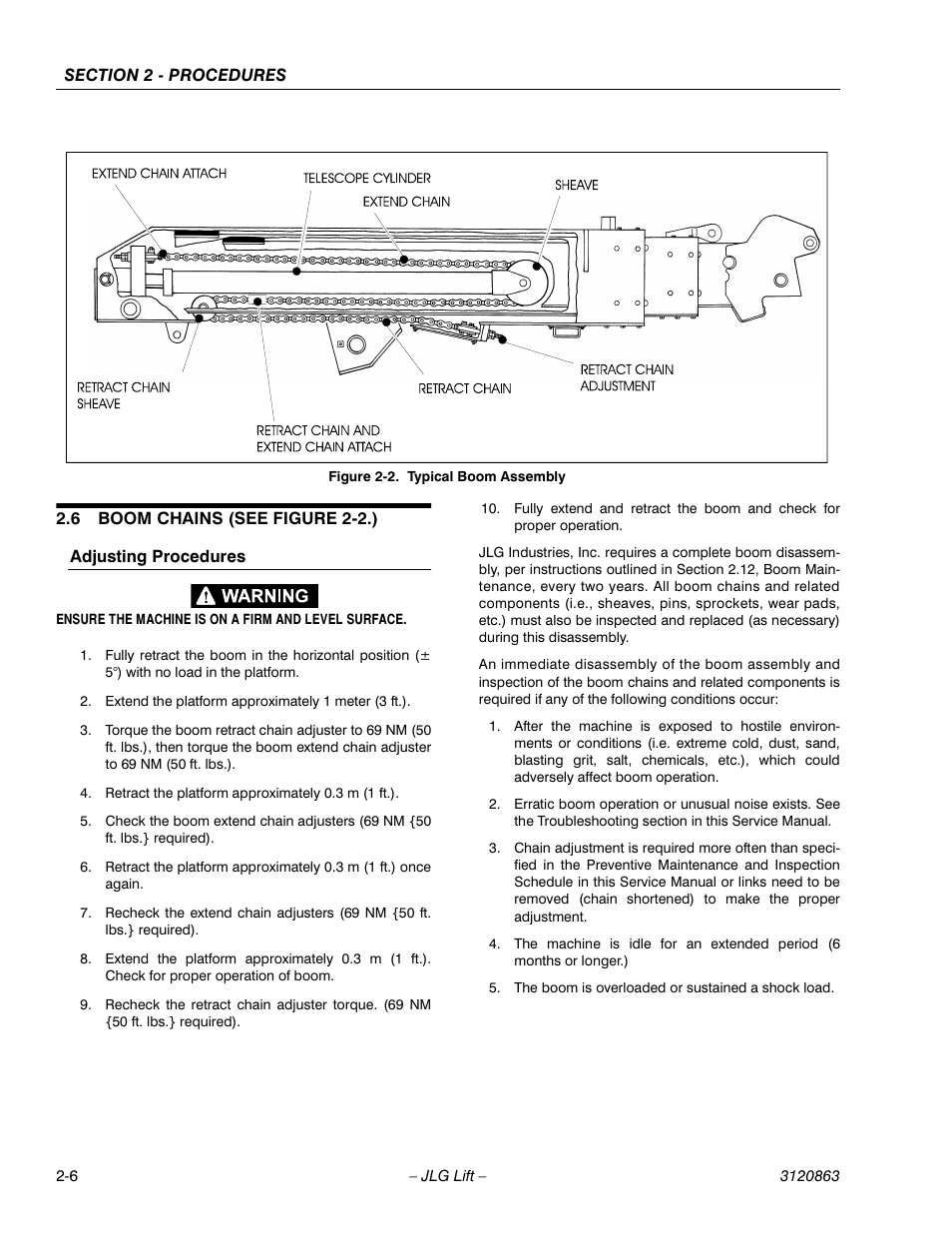 6 boom chains (see figure 2-2.), Boom chains (see figure 2-2.) -6, Adjusting procedures -6 | Typical boom assembly -6 | JLG 80HX_HX+6_HXER Service Manual User Manual | Page 28 / 120