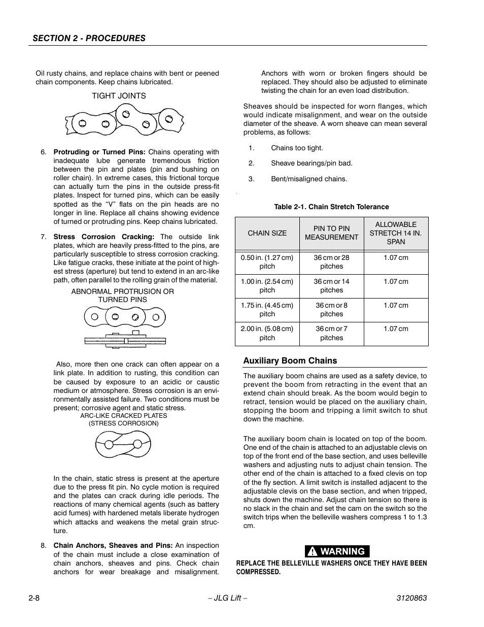 Auxiliary boom chains -8, Chain stretch tolerance -8 | JLG 80HX_HX+6_HXER Service Manual User Manual | Page 30 / 120