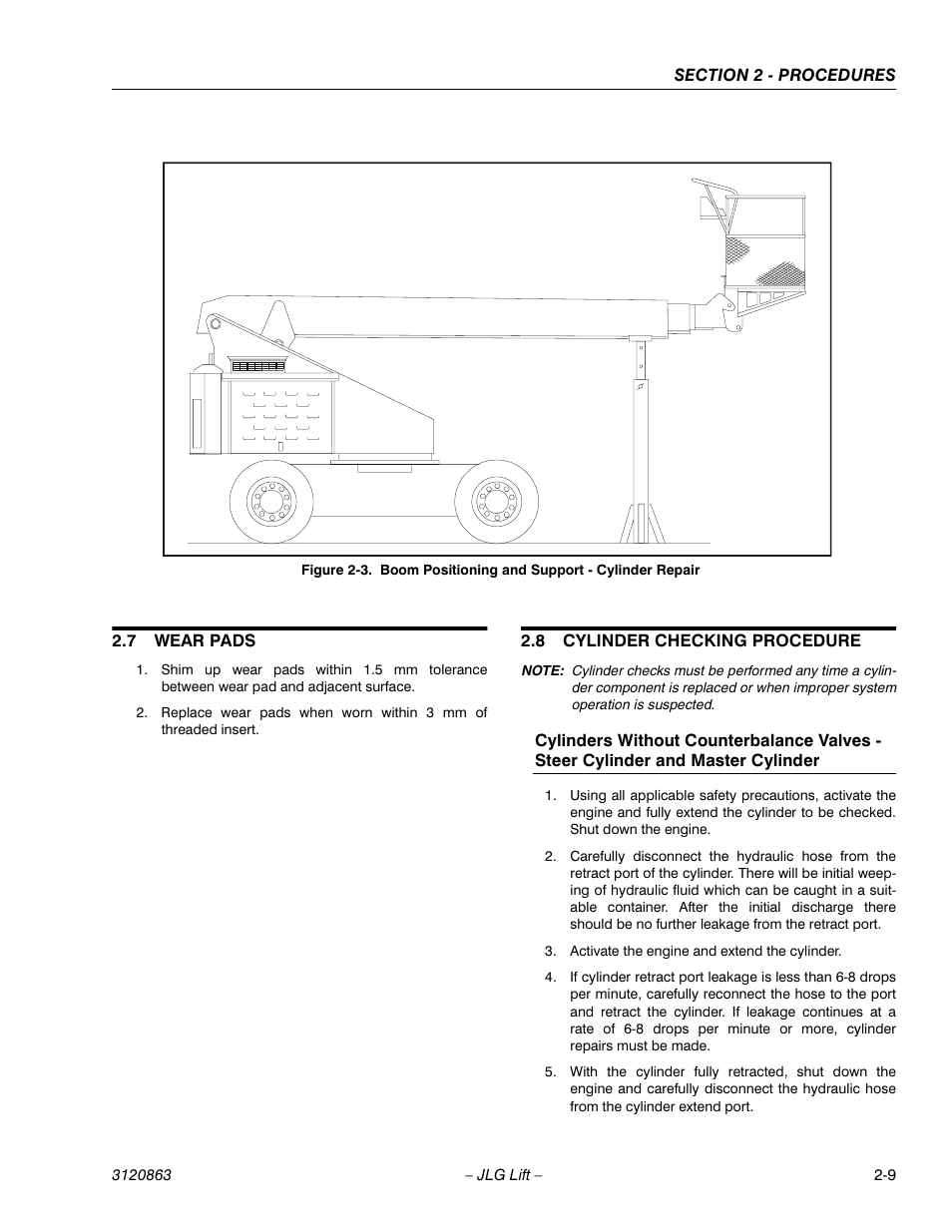 7 wear pads, 8 cylinder checking procedure, Wear pads -9 | Cylinder checking procedure -9, Boom positioning and support - cylinder repair -9 | JLG 80HX_HX+6_HXER Service Manual User Manual | Page 31 / 120