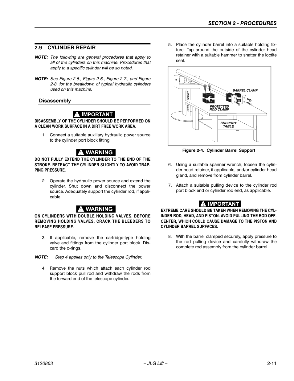 9 cylinder repair, Cylinder repair -11, Disassembly -11 | Cylinder barrel support -11 | JLG 80HX_HX+6_HXER Service Manual User Manual | Page 33 / 120