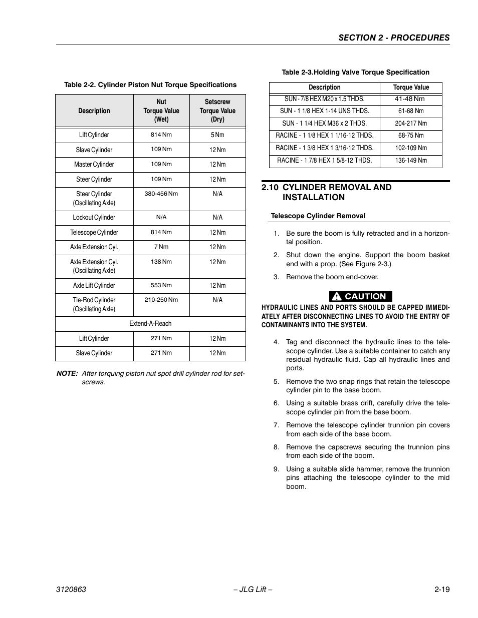 10 cylinder removal and installation, Cylinder removal and installation -19, Telescope cylinder removal -19 | Cylinder piston nut torque specifications -19, Holding valve torque specification -19 | JLG 80HX_HX+6_HXER Service Manual User Manual | Page 41 / 120