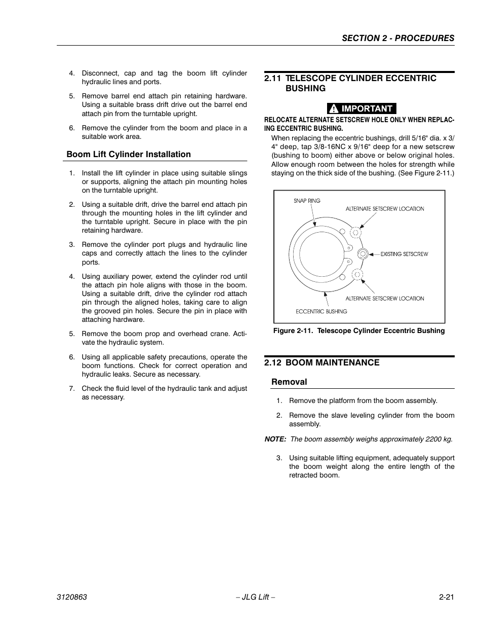 11 telescope cylinder eccentric bushing, 12 boom maintenance, Boom lift cylinder installation -21 | Telescope cylinder eccentric bushing -21, Boom maintenance -21, Removal -21 | JLG 80HX_HX+6_HXER Service Manual User Manual | Page 43 / 120