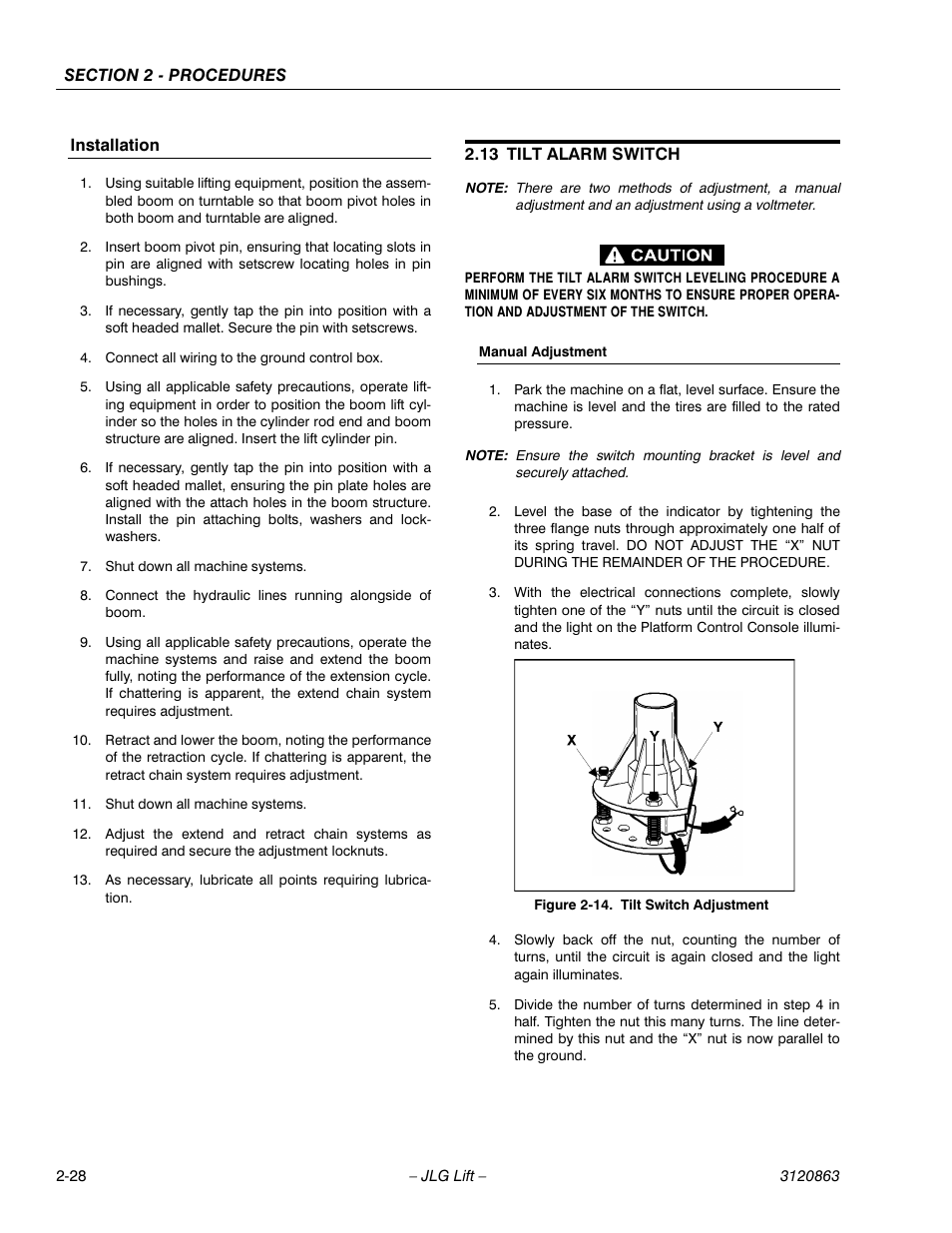 13 tilt alarm switch, Installation -28, Tilt alarm switch -28 | Manual adjustment -28, Tilt switch adjustment -28 | JLG 80HX_HX+6_HXER Service Manual User Manual | Page 50 / 120