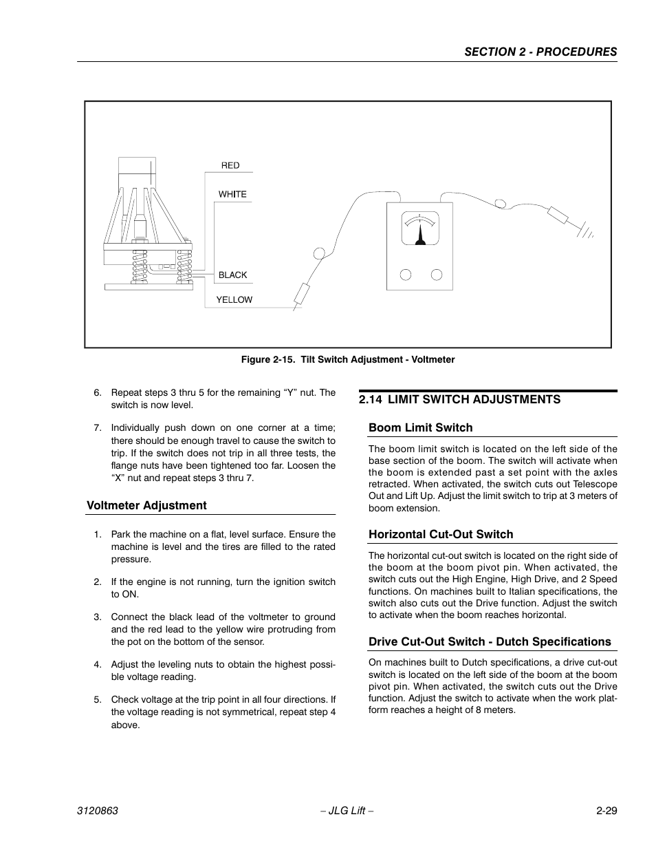 14 limit switch adjustments, Voltmeter adjustment -29, Limit switch adjustments -29 | Hydraulic circuit checks, Tilt switch adjustment - voltmeter -29 | JLG 80HX_HX+6_HXER Service Manual User Manual | Page 51 / 120