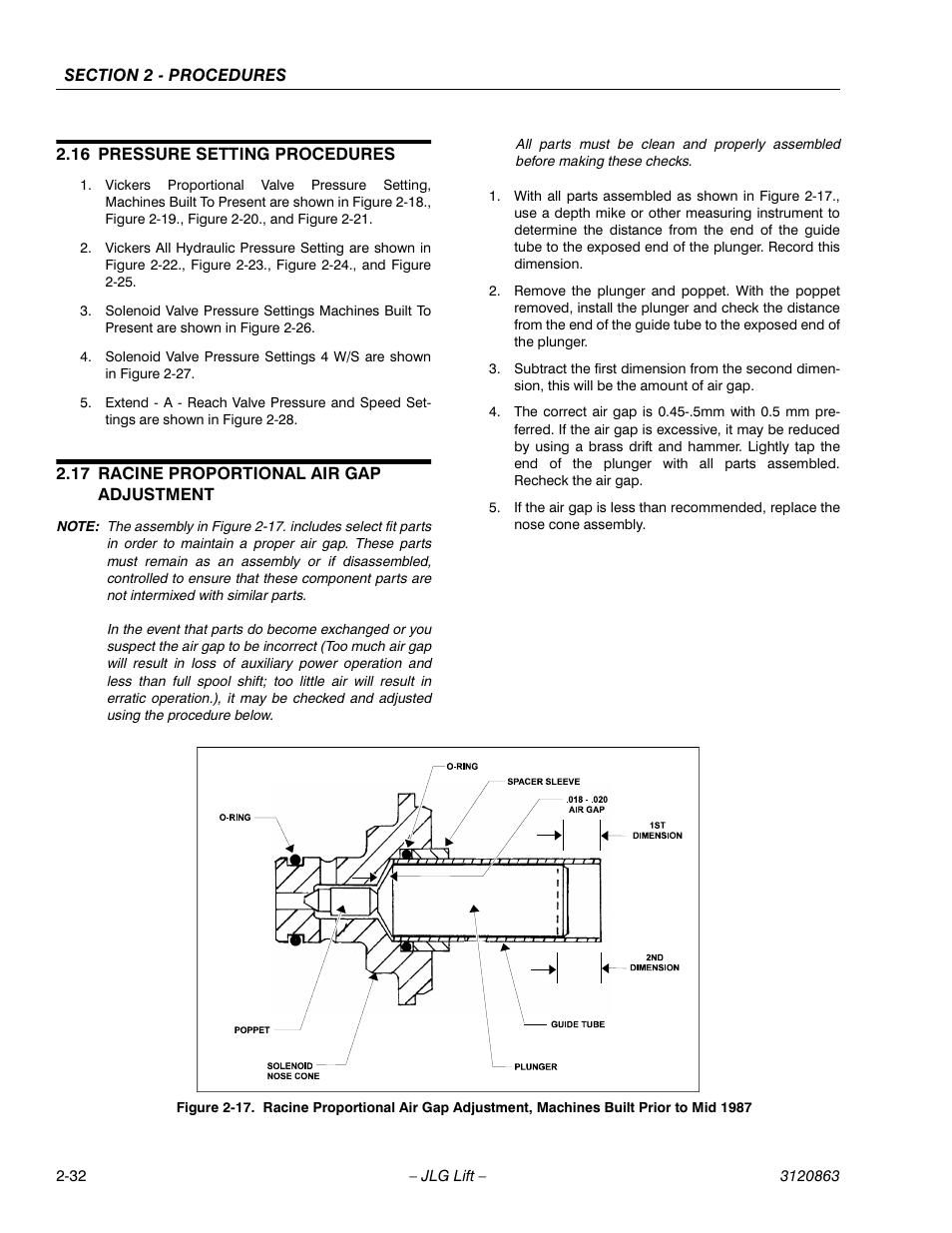 16 pressure setting procedures, 17 racine proportional air gap adjustment, Pressure setting procedures -32 | Racine proportional air gap adjustment -32 | JLG 80HX_HX+6_HXER Service Manual User Manual | Page 54 / 120