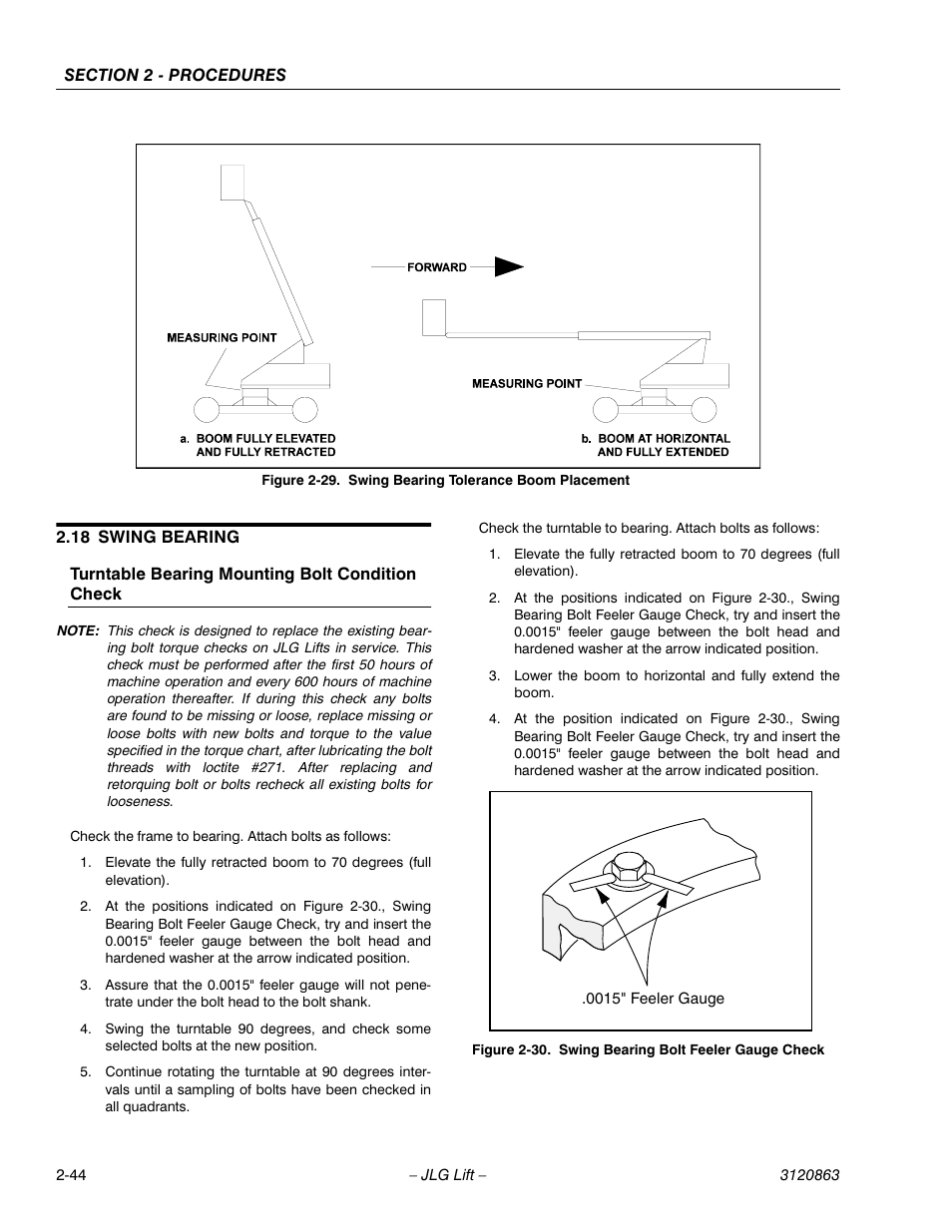 18 swing bearing, Swing bearing -44, Swing bearing tolerance boom placement -44 | Swing bearing bolt feeler gauge check -44 | JLG 80HX_HX+6_HXER Service Manual User Manual | Page 66 / 120