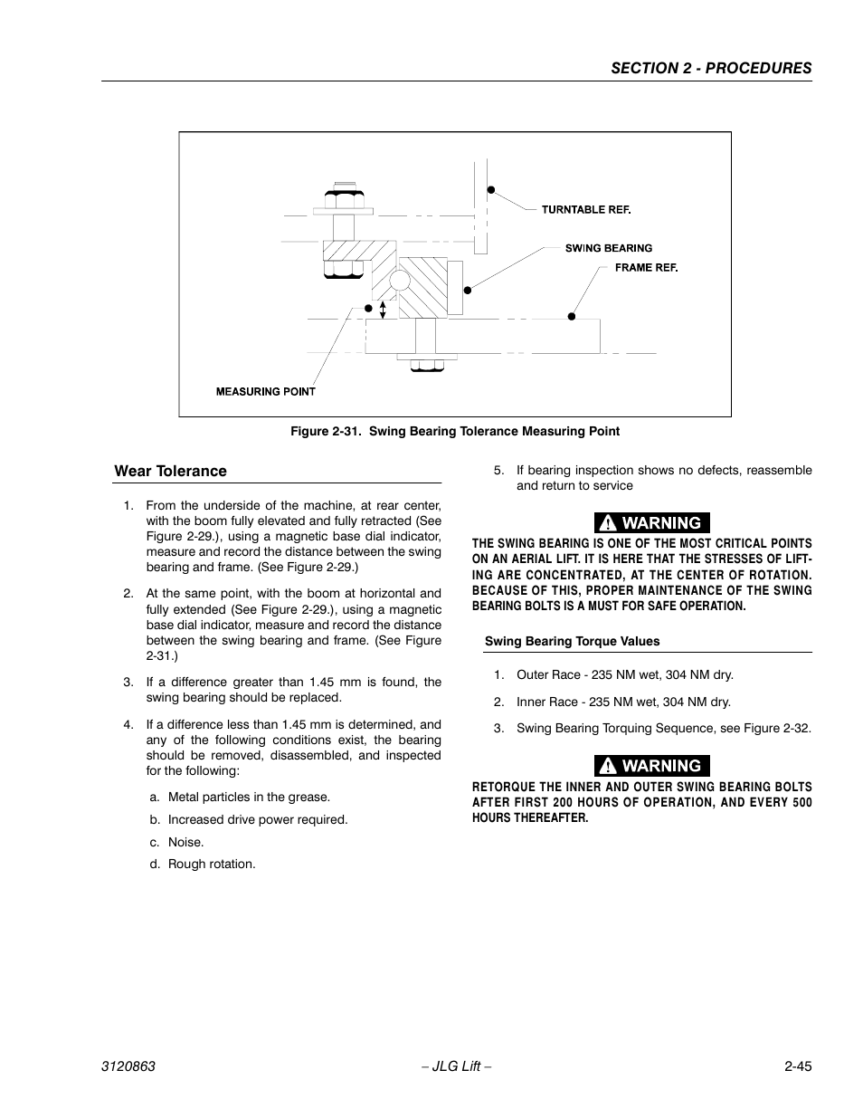 Wear tolerance -45 swing bearing torque values -45, Swing bearing tolerance measuring point -45 | JLG 80HX_HX+6_HXER Service Manual User Manual | Page 67 / 120