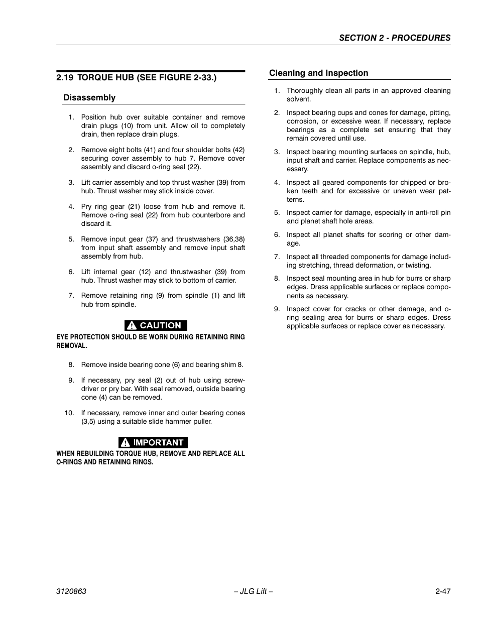 19 torque hub (see figure 2-33.), Torque hub (see figure 2-33.) -47, Disassembly -47 cleaning and inspection -47 | JLG 80HX_HX+6_HXER Service Manual User Manual | Page 69 / 120