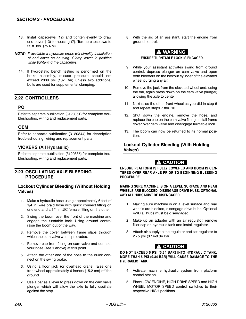 22 controllers, 23 oscillating axle bleeding procedure, Controllers -60 | Pq -60 oem -60 vickers (all hydraulic) -60, Oscillating axle bleeding procedure -60 | JLG 80HX_HX+6_HXER Service Manual User Manual | Page 82 / 120