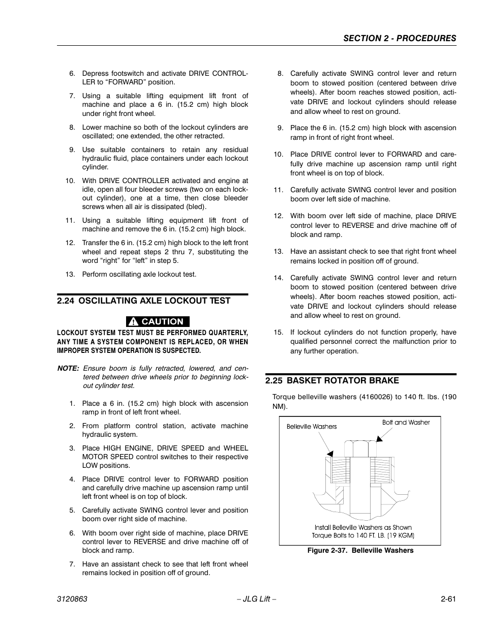 24 oscillating axle lockout test, 25 basket rotator brake, Oscillating axle lockout test -61 | Basket rotator brake -61, Belleville washers -61 | JLG 80HX_HX+6_HXER Service Manual User Manual | Page 83 / 120