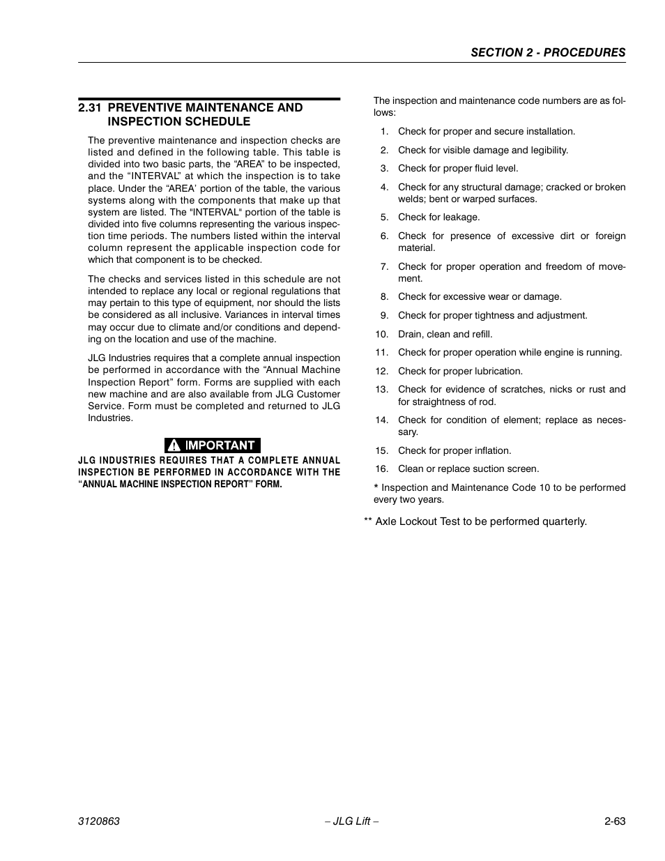 31 preventive maintenance and inspection schedule, Preventive maintenance and inspection schedule -63 | JLG 80HX_HX+6_HXER Service Manual User Manual | Page 85 / 120