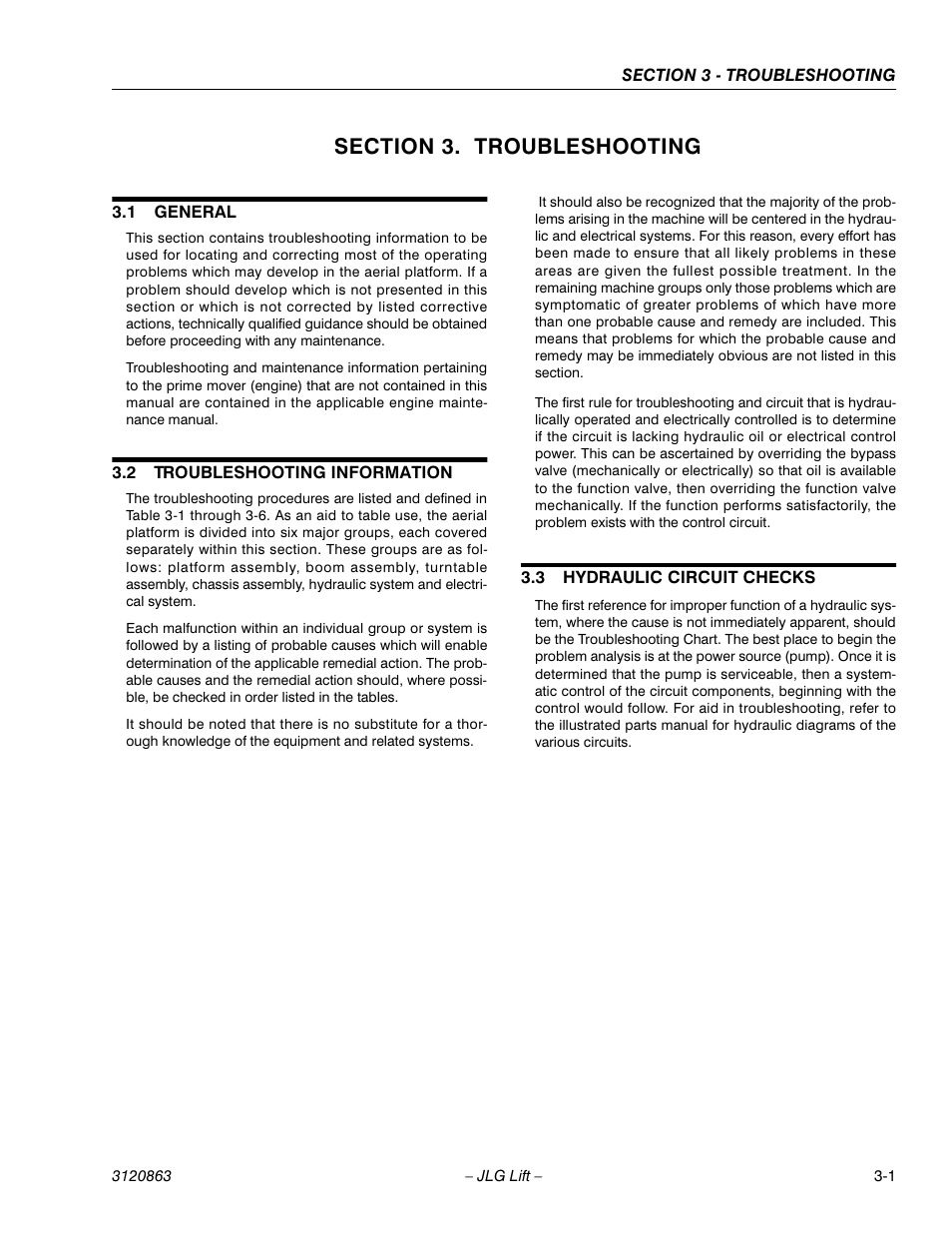 Section 3. troubleshooting, 1 general, 2 troubleshooting information | 3 hydraulic circuit checks, Section 3 - troubleshooting, General -1, Troubleshooting information -1 | JLG 80HX_HX+6_HXER Service Manual User Manual | Page 89 / 120