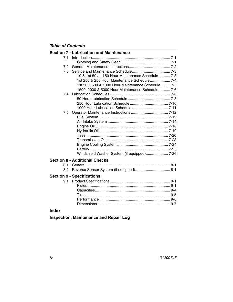 Section 7 - lubrication and maintenance, Section 8 - additional checks, Section 9 - specifications | JLG G12-55A Operator Manual User Manual | Page 10 / 160