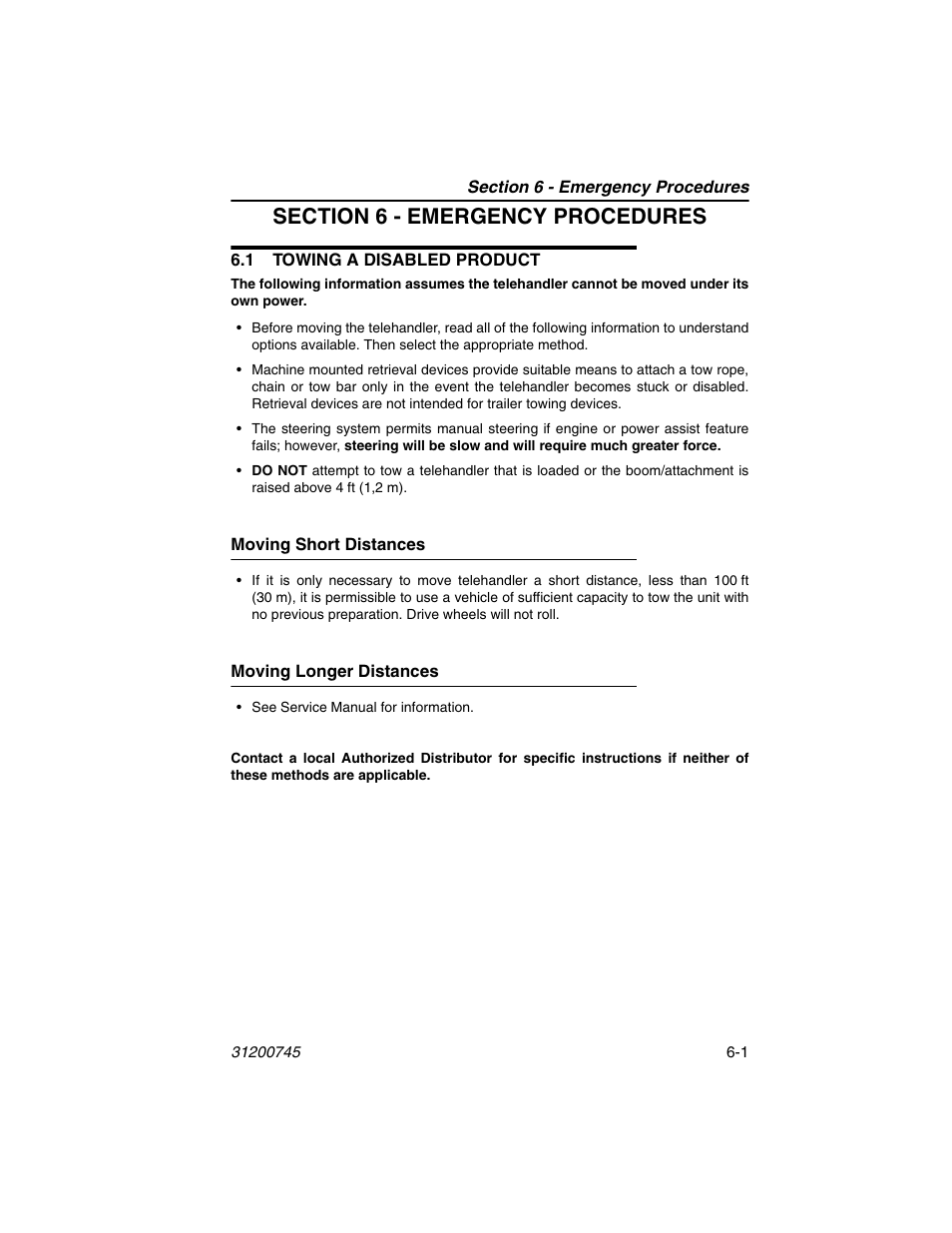 Section 6 - emergency procedures, 1 towing a disabled product, Moving short distances | Moving longer distances, 1 towing a disabled product -1 | JLG G12-55A Operator Manual User Manual | Page 113 / 160