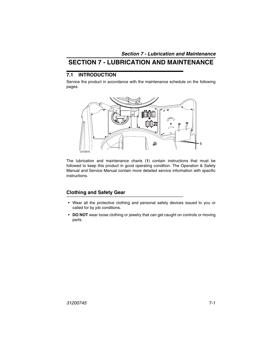 Section 7 - lubrication and maintenance, 1 introduction, Clothing and safety gear | 1 introduction -1, Clothing and safety gear -1, R to section 7 - lubrication and maintenance | JLG G12-55A Operator Manual User Manual | Page 115 / 160