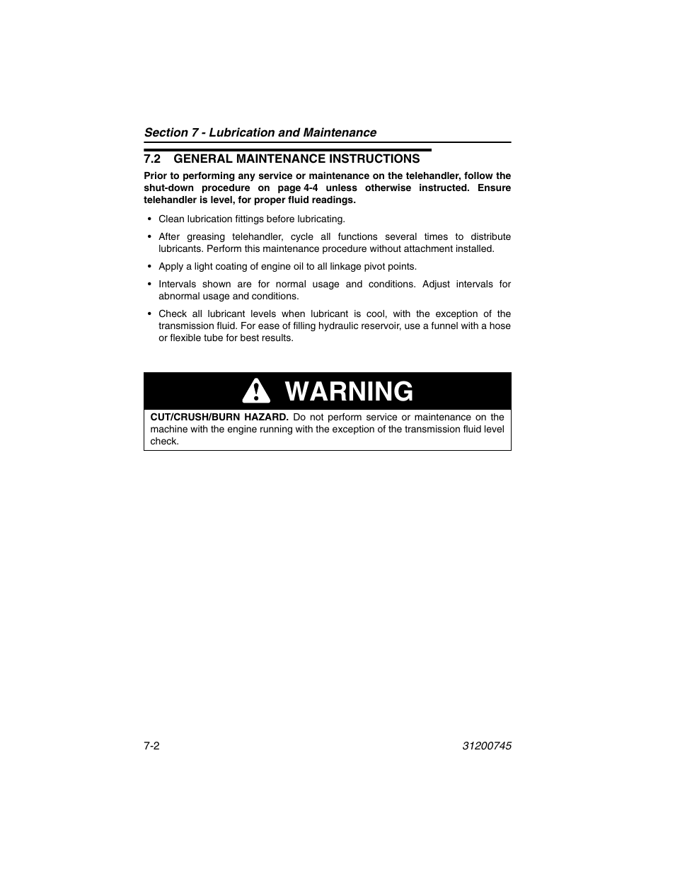 2 general maintenance instructions, 2 general maintenance instructions -2, Warning | JLG G12-55A Operator Manual User Manual | Page 116 / 160